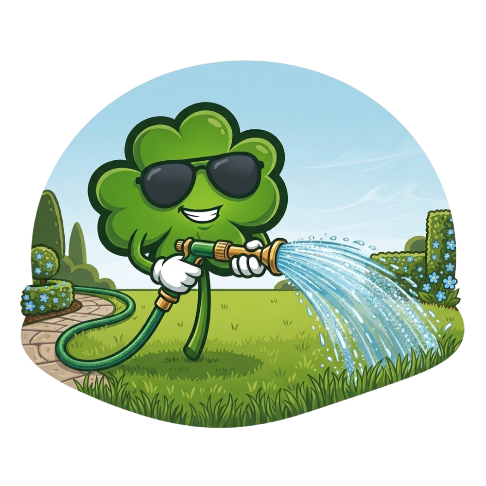 Shamrock mascot watering a lawn