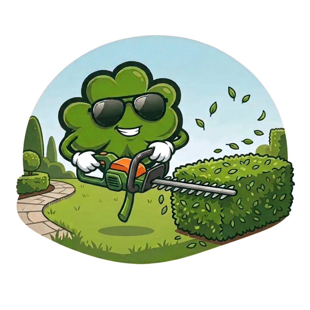 Shamrock mascot trimming a hedge