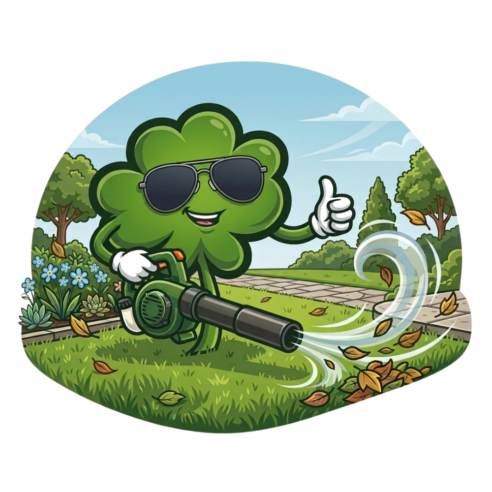 Shamrock mascot using a leaf blower