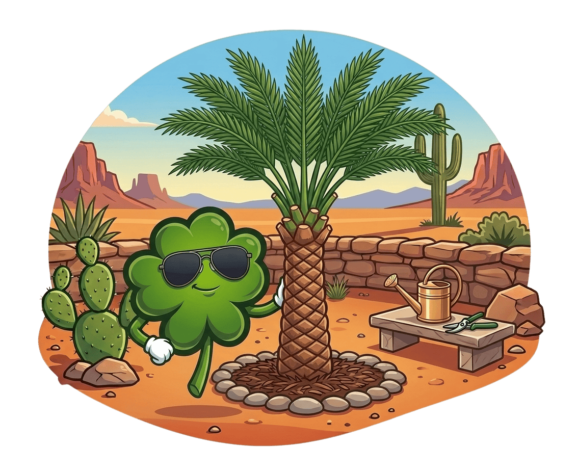 Shamrock mascot trimming palm trees