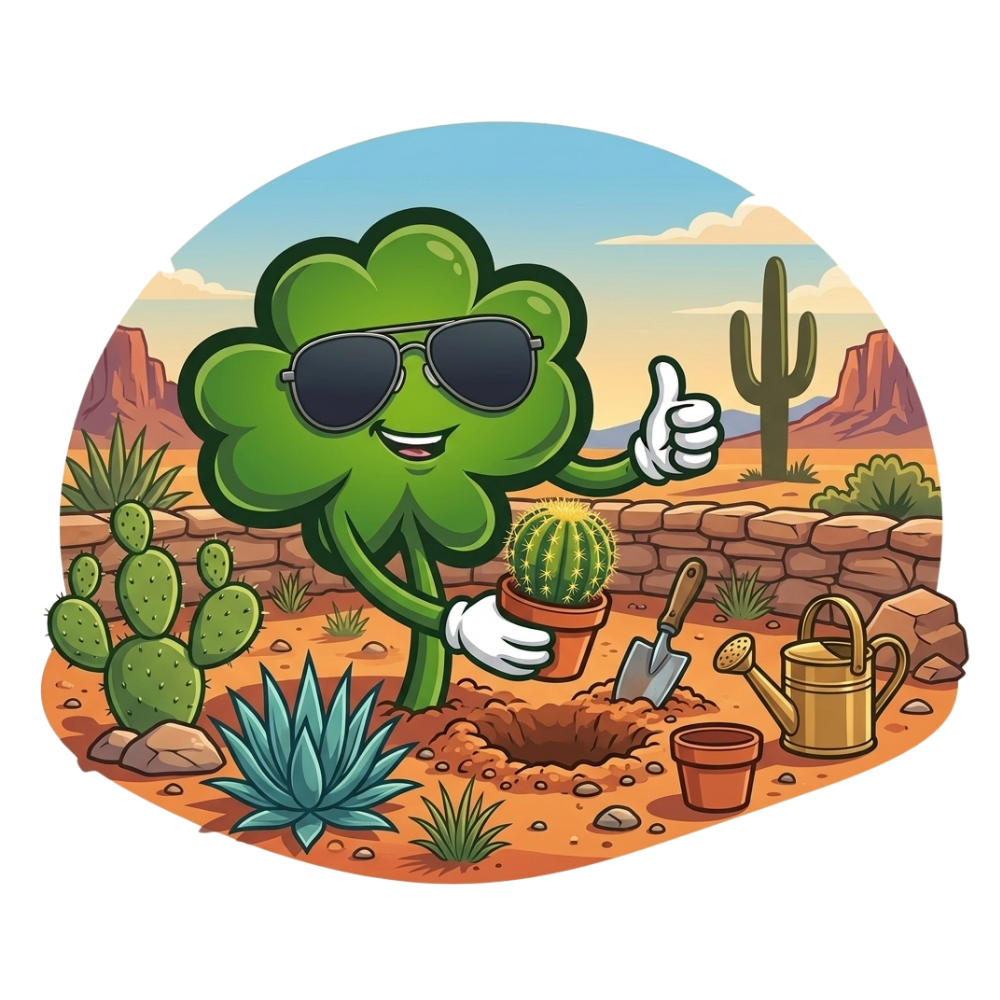 Shamrock mascot planting a cactus in the Arizona desert